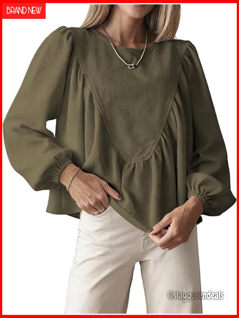 Peplum Babydoll Top Waffle Knit Blouse Lantern Sleeves Back Button Casual